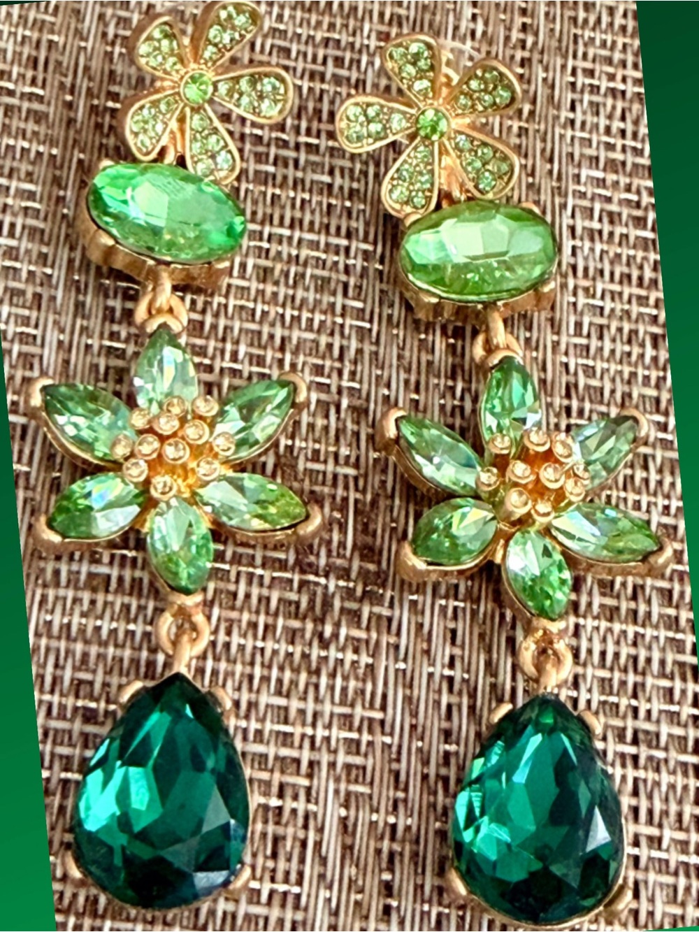 Oscar de la Renta Floral Drop Earrings💚Peridot-Emerald Crystal Pierced/Post